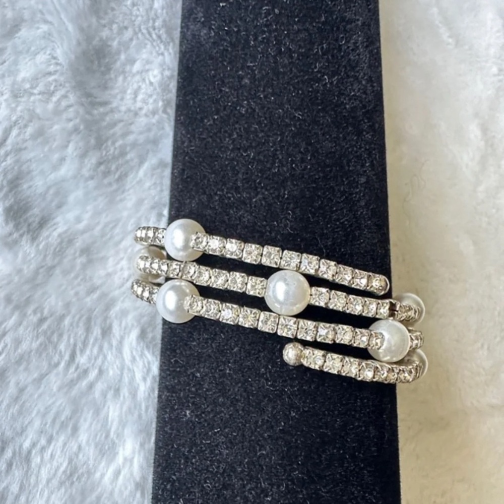 Silver Pearl & Crystal Multi-Row Wrap Bracelet